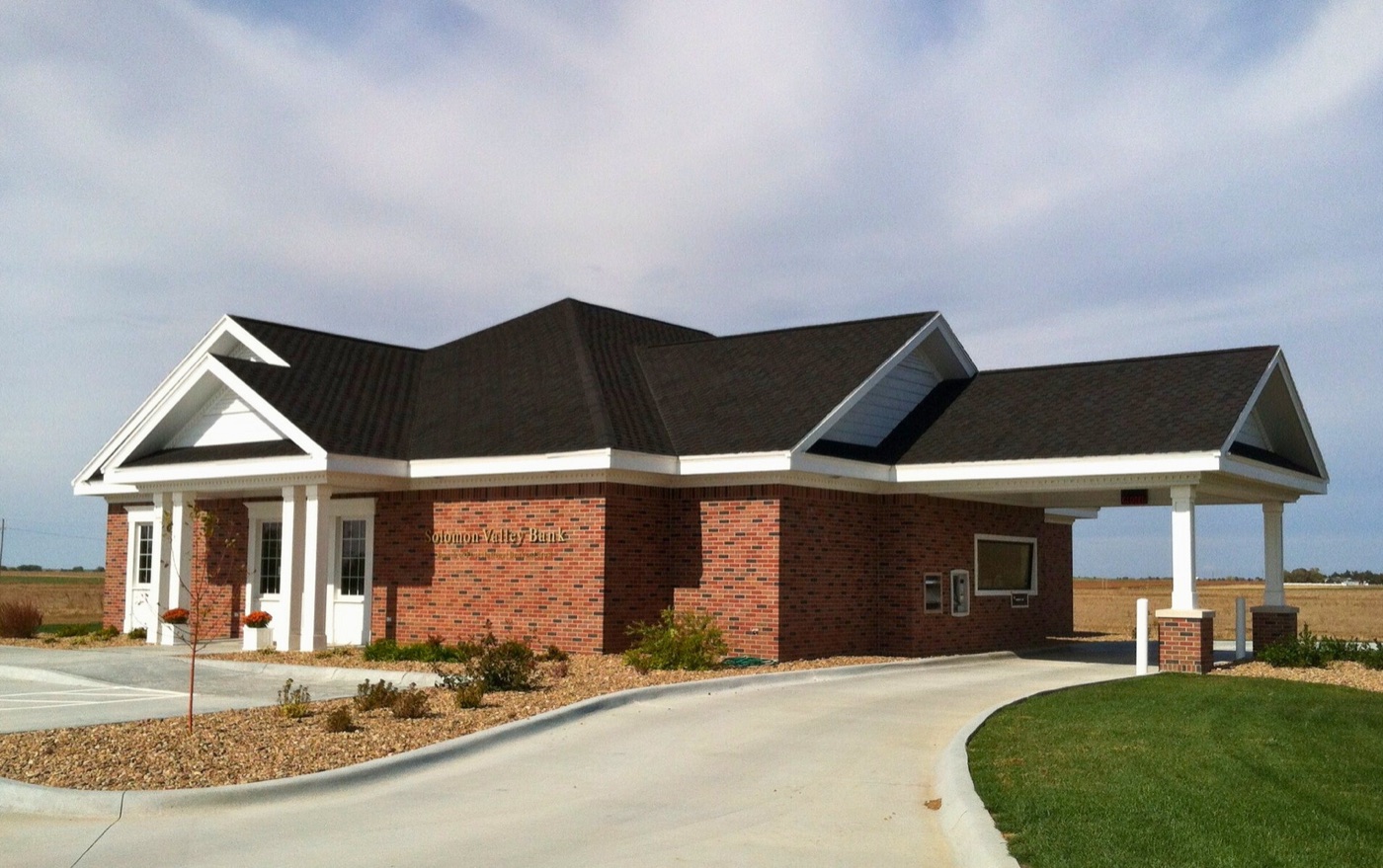 The brick First National Bank and Trust branch building